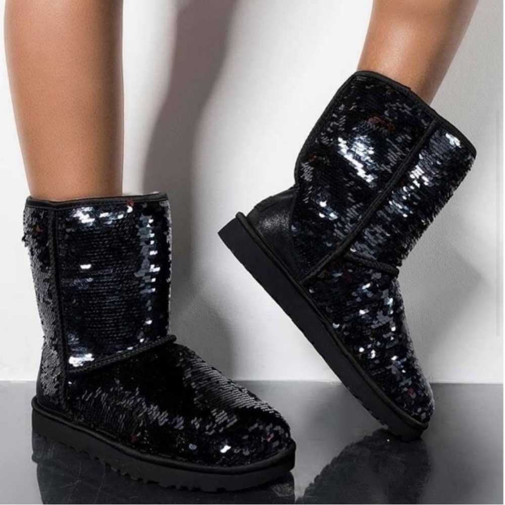 UGG Australia Classic Short Black Sequin Boots, Size 6